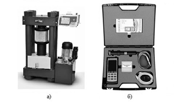 Рисунок 2. а) Пресс испытательный модели Matest C055N. б) Прибор неразрушающего контроля ударно-импульсный ОНИКС-2,5;